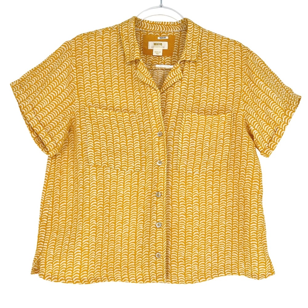 Maeve Button Down Shirt Womens Medium Yellow Linen Blend Short Sleeve Geometric